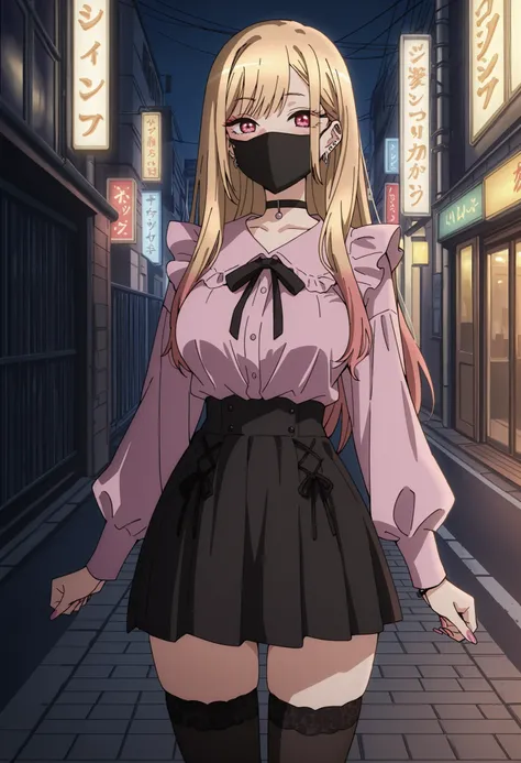 Score_9, score_8_up, score_7_up, source_anime, Marin Kitagawa, 1girl, solo, blonde hair, long hair, multicolored hair, red eyes, pink nails, nail polish, fingernails, jewelry, earrings, ear piercing, large breasts, (best quality), (high quality), {masterpi...