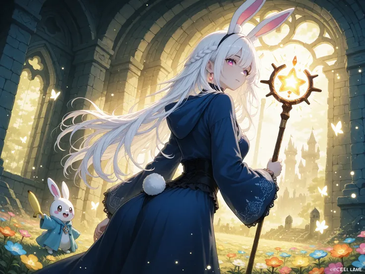 Ethereal dark gothic style,A chibi-style girl with fluffy white hair and long white bunny ears, caught in a dynamic pose as she casts a spell from her whimsical staff topped with a glowing banana-shaped ornament. Her eyes remain closed in calm focus, her o...
