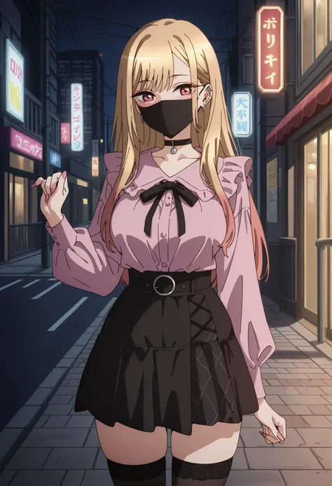 Score_9, score_8_up, score_7_up, source_anime, Marin Kitagawa, 1girl, solo, blonde hair, long hair, multicolored hair, red eyes, pink nails, nail polish, fingernails, jewelry, earrings, ear piercing, large breasts, (best quality), (high quality), {masterpi...