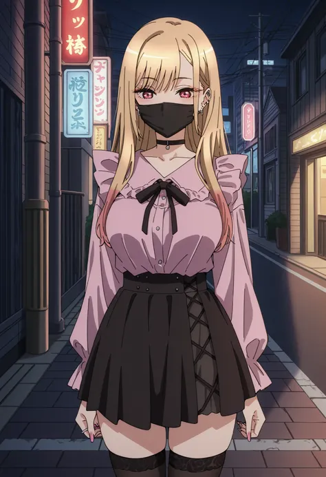 Score_9, score_8_up, score_7_up, source_anime, Marin Kitagawa, 1girl, solo, blonde hair, long hair, multicolored hair, red eyes, pink nails, nail polish, fingernails, jewelry, earrings, ear piercing, large breasts, (best quality), (high quality), {masterpi...