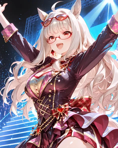 yabuki,shijyo takane(idolm@ster), biwa hayahide\(umamusume\) Biwa Hayahide from Uma Musume and Shijo Takane from Idolmaster, both wearing their respective game's stage/racing outfits, singing joyfully with big smiles on a simple stage. They are in an energ...