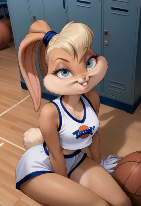 Full quality, HD, 8k, Ultradetailed, beautiful, high detailed,1 furry girl, 1 rabbit girl, 1 bunny girl, Lola Bunny, Looneytoons, blonde hair,eyesroll, rolleyes, blue eyes, foxy eyes, flirtatious smile, smile, rabbit teeth, rabbit nose, rabbit ears, bunny ...