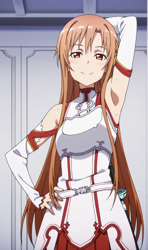 masterpiece, best quality, amazing quality, anime screencap, anime coloring, 1girl, solo, Yuuki Asuna, Yuuki Asuna SAO costume, White Armor, White plate, White isolated sleeve, (character), long hair, detached sleeves, bare shoulders, arm up, raised arm be...