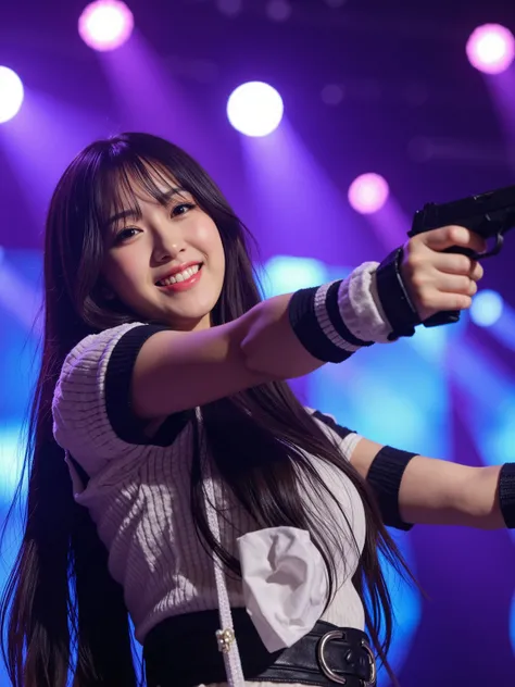 gun,A Japanese female idol named performs on a music concert stage, wearing an elaborate costume and holding a handgun. She displays a bright smile while singing under colorful stage lighting that illuminates her from multiple angles. The stage features dy...