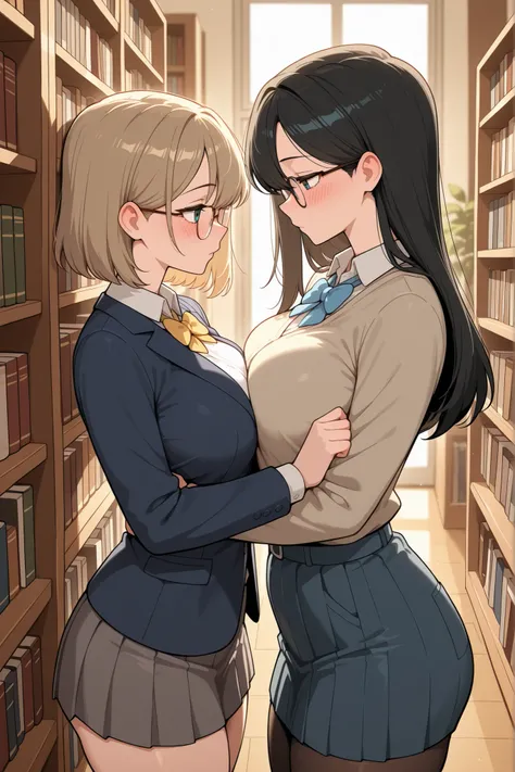 A college couple secretly kisses in a quiet corner of the library, the girl with glasses closing her textbook shyly.