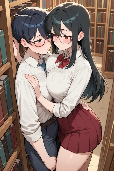 A college couple secretly kisses in a quiet corner of the library, the girl with glasses closing her textbook shyly.