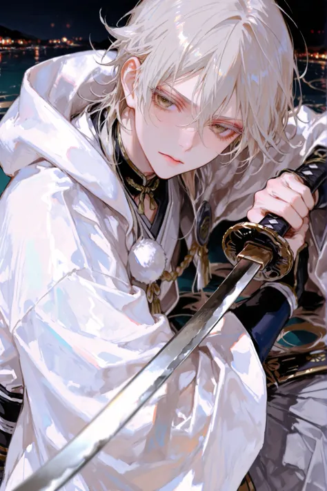 (masterpiece:1.2, Highest quality), beautiful illustration. 1male. ((random angle)).

(Tsurumaru Kuninaga 、Touken Ranbu), Silver Hair, shiny gold eyes, white lashes, Fighting with a Japanese sword, Japanese style, random background.
Additional details:  bi...