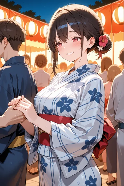 A couple in yukata walks through a crowded summer festival, the woman smiling warmly as she grips his hand tightly.