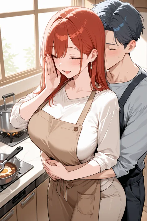 A wife hugs her husband from behind while he cooks, whispering into his ear playfully in the kitchen.