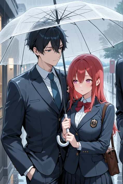 A couple in uniform or suits kisses passionately under a shared umbrella in the rain.