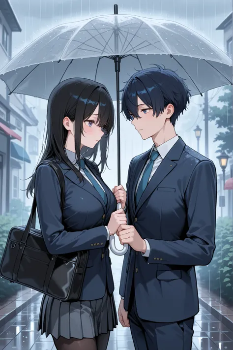A couple in uniform or suits kisses passionately under a shared umbrella in the rain.