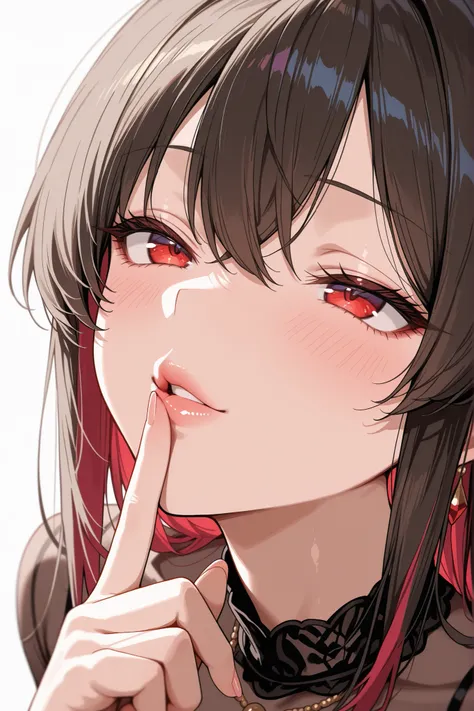 A seductive woman touches her lips with her finger, looking up at you with a teasing gaze.