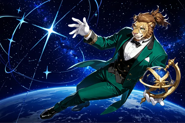 Cornelius, Horthgar, lion head, no markings, no mane, no defects, brown ponytail hairstyle, handsome, distinguished, gentleman, wears tiny perfect round glasses, green butler outfit、white gloves, perfect goatee, casting limit break 3、looking comfortable、Mo...