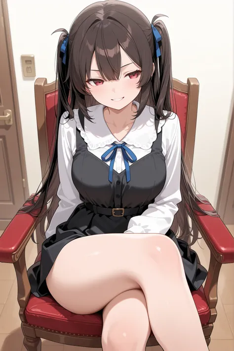 Sitting on a chair, she slowly crosses her legs and smiles, locking eyes with a provocative stare.