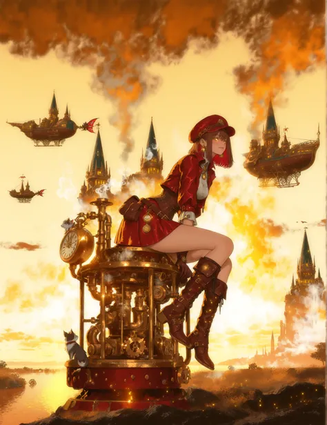 sitting on a machine,bob hair,slightly random hairstyle,Hair color is dark red A color reminiscent of metal,girl、decorated with metal parts,lens part is amber,Gears and small pipes,cropped cap,leather corset、Best、short jacket。The shirt is a puff sleeve,bel...
