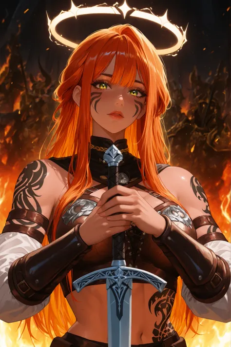 ((apenas)), (guerreira viking   :1.2), Aquecer, Hand on a sword, Beautiful woman with dragon tattoos all over her body,  red and orange hair, long hair with sheaves, cabelo desgrenhado, sidelocks, levado, halo, olhos azuis, olhos brilhantes, seios grandes,...