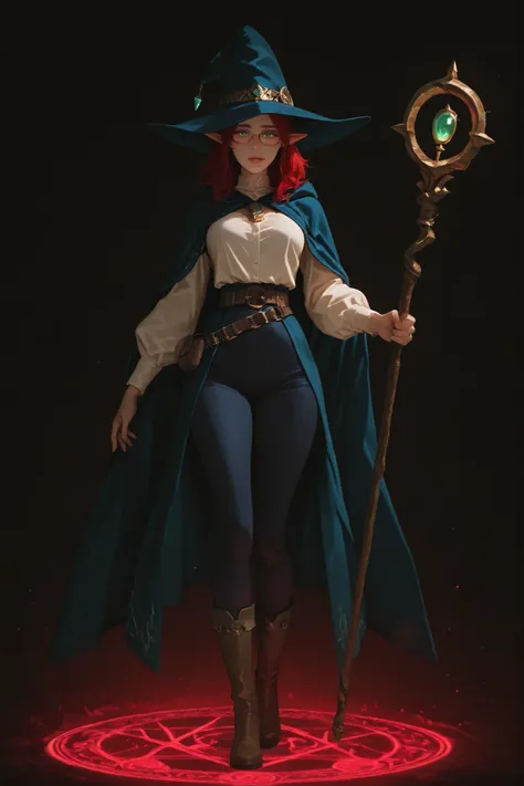 A character reference concept art in a realistic high contrast lighting with dark retro atmosphere style in a frontale view full body shot standing in A-pose with simple dark background. The character is a female elf mage, small short curvy body shape, med...