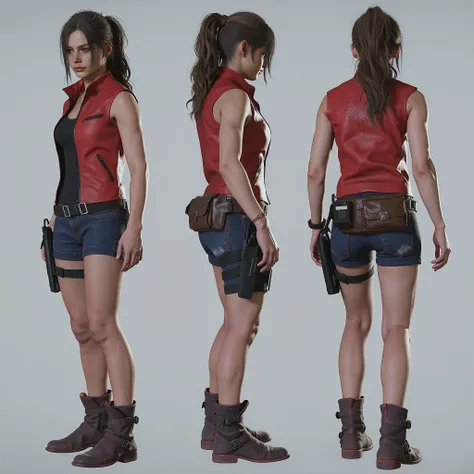 Claire Redfield model with ponytail hair, light blue eyes, sleeveless red denim jacket and black shirt underneath, black lycra shorts , brown cowboy boot. (Resident Evil 2 Remake) Capcom Style. full body.