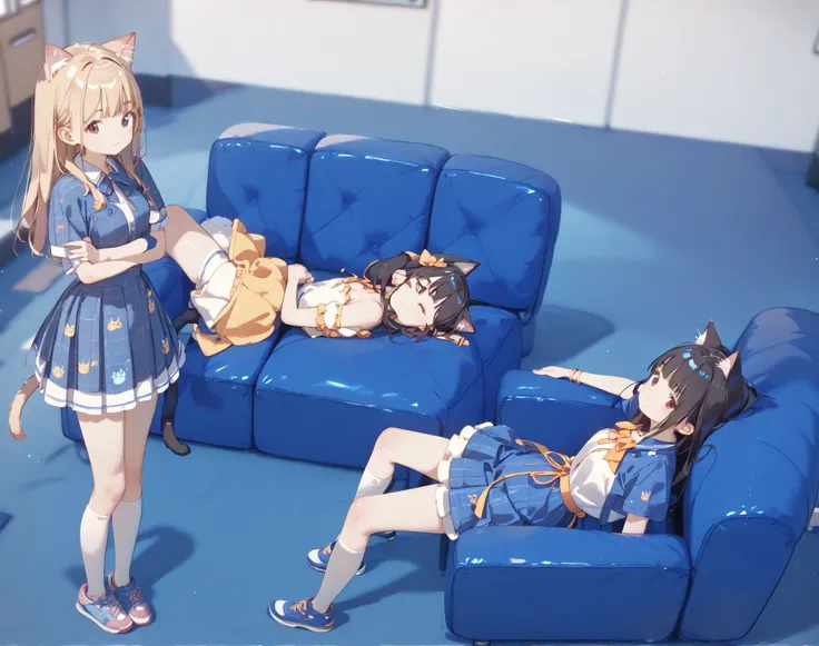 High Definition、High Quality、8k、4k、3 girls、Cat ears、cat tail、idol costume、dressing room、two people who are limp、One person in trouble、