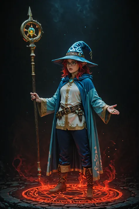 A character reference concept art in a realistic high contrast lighting with dark retro atmosphere style in a frontale view full body shot standing in A-pose with simple dark background. The character is a female elf mage, small short curvy body shape, med...