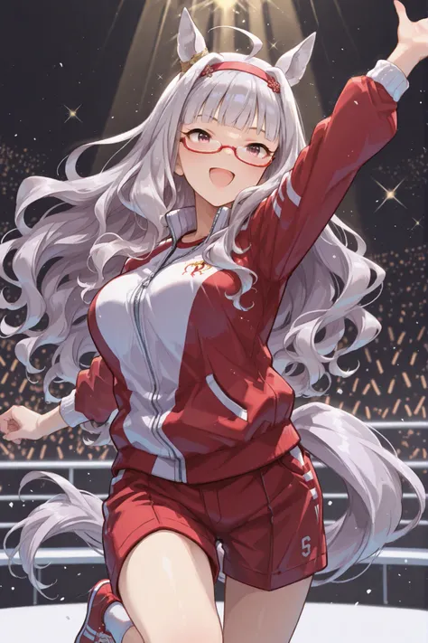 biwa hayahide\(umamusume\) horse tail, ahoge, hair ornament, wavy hair, white hair, yellow eyes, glasses, semi-rimless eyewear, animal ears, ear ornament, large breasts red shorts, long sleeves, red track jacket, red sneakers, white ankle socks,,tknshj, me...