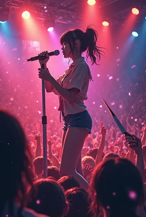 > "Create a detailed anime style image with a suspenseful atmosphere. The scene takes place on a brightly lit stage, during a musical performance. No centro da imagem, uma jovem idol (Japanese pop singer) is singing with energy and charisma, holding a microphone, wearing a stylish and bright concert outfit. The audience is excited at the front of the stage, with colored lights and glowsticks.

Among the fans, near the front of the crowd, there is another girl with a mysterious appearance — she maintains a calm expression, but serious. She discreetly holds a hidden knife behind her back, suggesting tension and a possible twist. Importante: does not show blood or violence, only hint at suspense and danger with dramatic focus.

The image should use contrasting lights, com tons neon, roxos e vermelhos, suggesting a stage atmosphere and mystery. cinematic anime style,  is in the background with expressive features , emotion on the faces and dynamic composition. Qualidade alta, psychological mystery anime poster visuals."