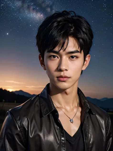 (photorealistic, masterpiece, 8K HD, Good Lighting Quality , portrait, looking up at the sky, intricate details, Dim lighting), Handsome young Vietnamese man wearing a jacket with sleeves rolled up over a shirt, Age 25, sharp gaze, full of confidence, soft...