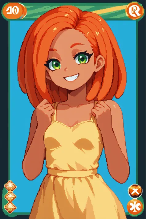 score_9, score_8_up, score_7_up, source_anime, 1girl, solo, pixel art, tr4dingcard, card (medium), english_test, common_rarity_icon, N, trading_card, white_trade_card_frames, solo, redhead, BREAK
(Red hair), dreadlocks, tanned skin, green eyes BREAK
Ye...