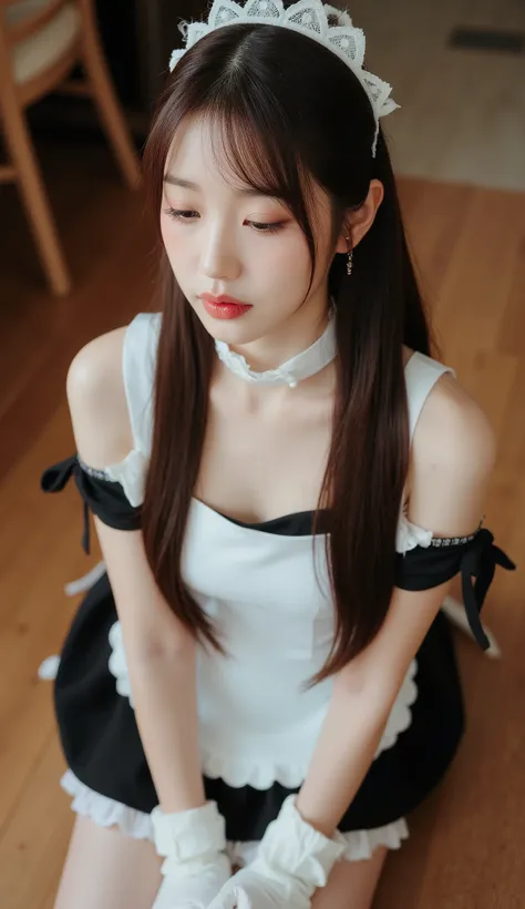32k, Masterpiece, top quality, ( Korea's Beautiful Woman) High-angle, close-up view, pigtails, maid outfit, white top, black bodice, short skirt, lace, kneeling, serene expression, eyes closed, hands clasped, white gloves, wooden floor, warm lighting, i...