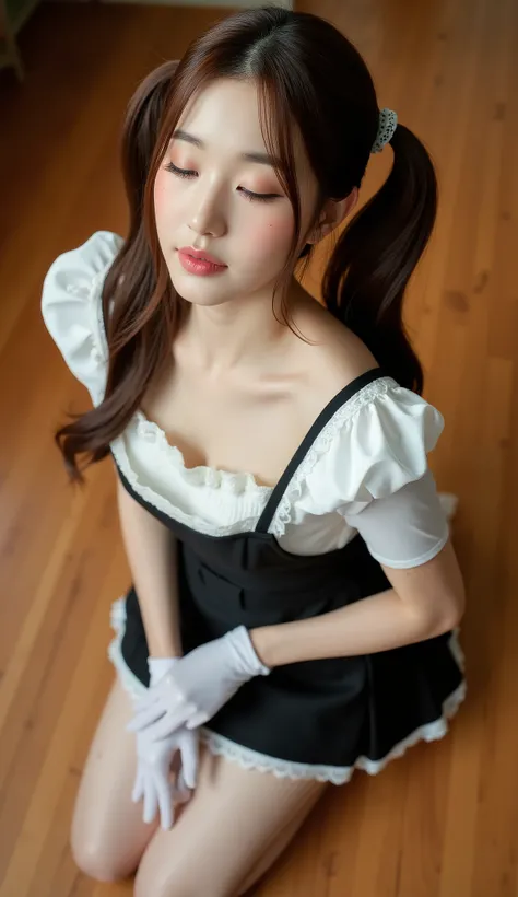 32k, Masterpiece, top quality,  ( Korea's Beautiful Woman)   High-angle, close-up view, pigtails, maid outfit, white top, black bodice, short skirt, lace, kneeling, serene expression, eyes closed, hands clasped, white gloves, wooden floor, warm lighting, i...