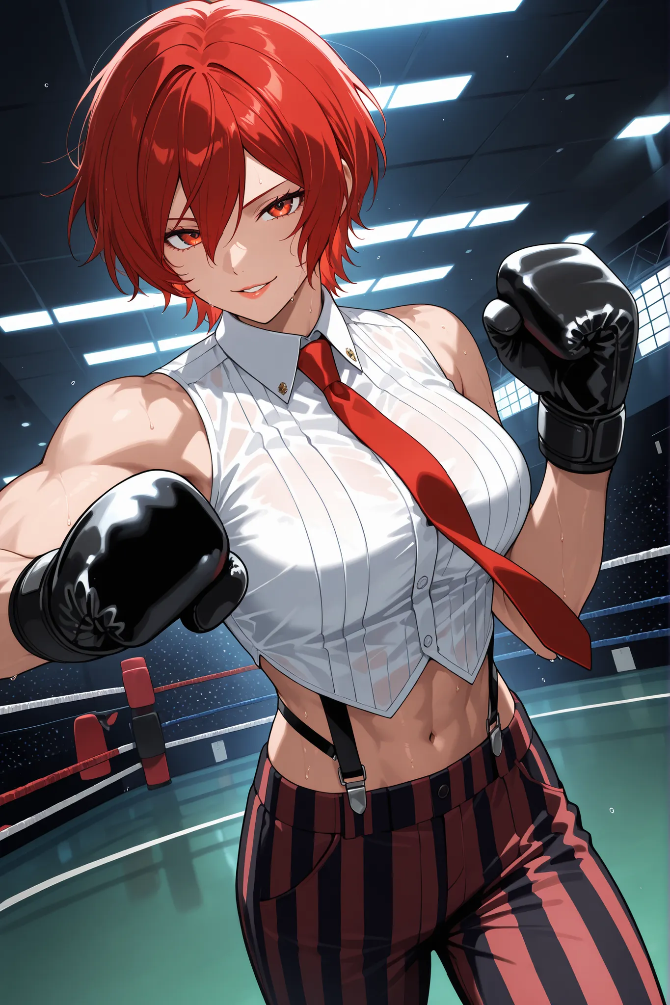 score_9, score_8_up, score_7_up, score_6_up, source_anime, BREAK masterpiece,   VanessaKOF, red hair, short hair,toned,sleeveless shirt, red necktie, black gloves, striped pants, navel, suspenders, gym, flowing hair, seductive smile, punching, parted lips,...