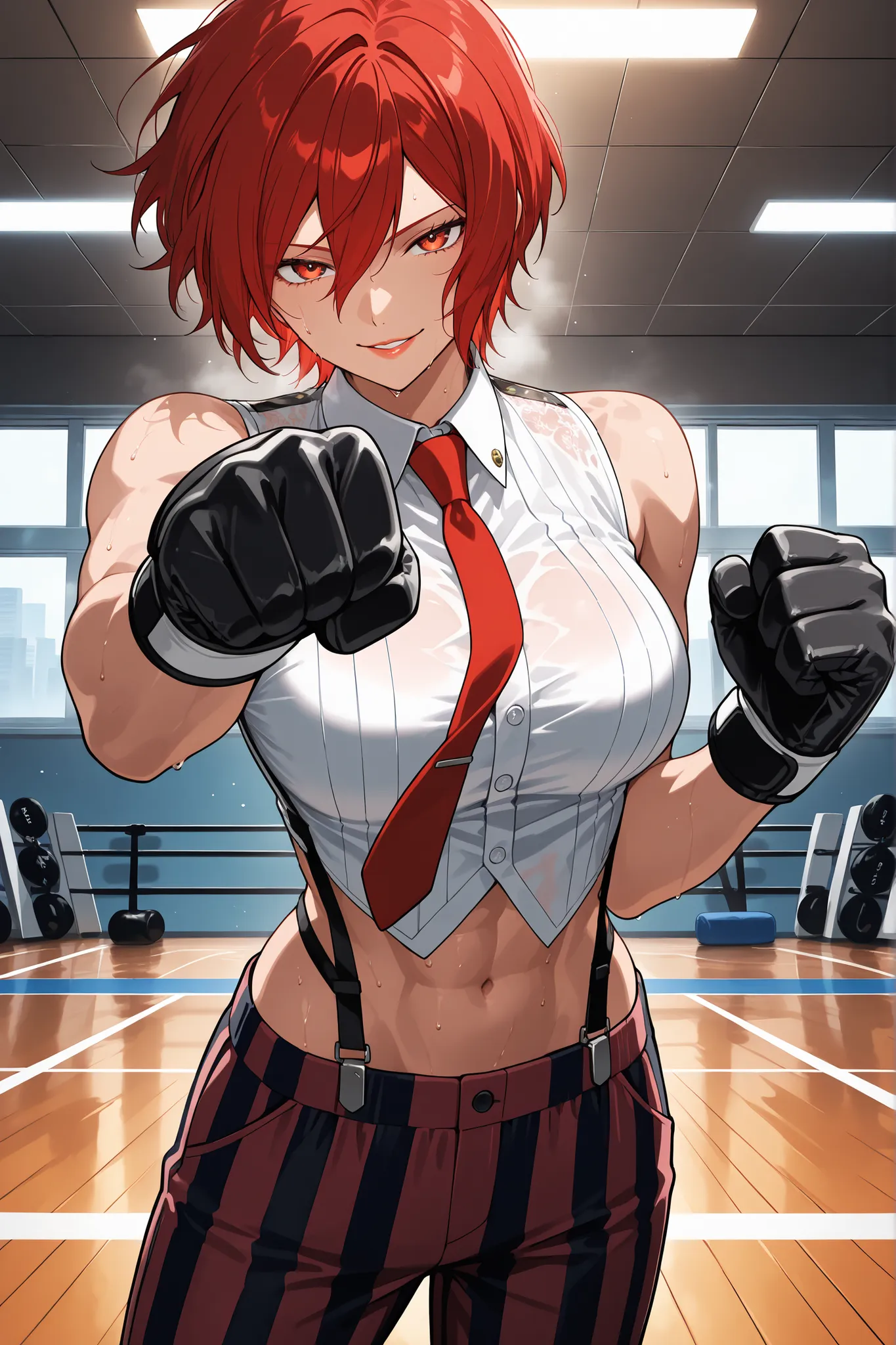 score_9, score_8_up, score_7_up, score_6_up, source_anime, BREAK masterpiece,   VanessaKOF, red hair, short hair,toned,sleeveless shirt, red necktie, black gloves, striped pants, navel, suspenders, gym, flowing hair, seductive smile, punching, parted lips,...