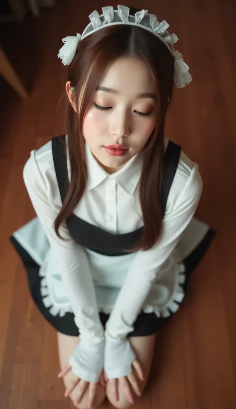 32k, Masterpiece, top quality, ( Korea's Beautiful Woman) High-angle, close-up view, pigtails, maid outfit, white top, black bodice, short skirt, lace, kneeling, serene expression, eyes closed, hands clasped, white gloves, wooden floor, warm lighting, i...