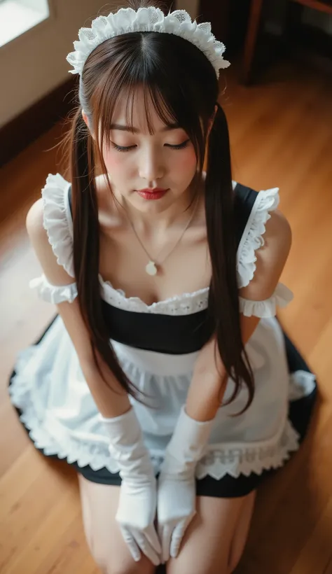 32k, Masterpiece, top quality, ( Korea's Beautiful Woman) High-angle, close-up view, pigtails, maid outfit, white top, black bodice, short skirt, lace, kneeling, serene expression, eyes closed, hands clasped, white gloves, wooden floor, warm lighting, i...