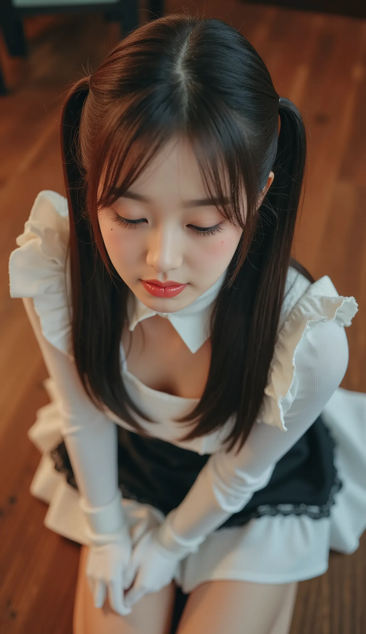 32k, Masterpiece, top quality, ( Korea's Beautiful Woman) High-angle, close-up view, pigtails, maid outfit, white top, black bodice, short skirt, lace, kneeling, serene expression, eyes closed, hands clasped, white gloves, wooden floor, warm lighting, i...