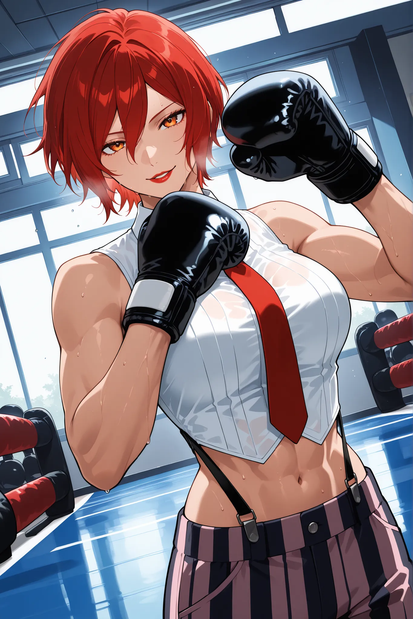 score_9, score_8_up, score_7_up, score_6_up, source_anime, BREAK masterpiece,   VanessaKOF, red hair, short hair,toned,sleeveless shirt, red necktie, black boxing gloves, striped pants, navel, suspenders, gym, flowing hair, seductive smile, parted lips, re...