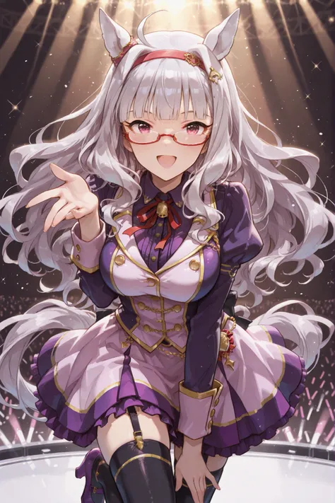 biwa hayahide\(umamusume\) horse tail, ahoge, hair ornament, wavy hair, white hair, yellow eyes, glasses, animal ears, ear ornament, large breasts semi-rimless eyewear, under-rim eyewear, red-framed eyewear, long sleeves, neck ribbon, red ribbon, puffy sle...