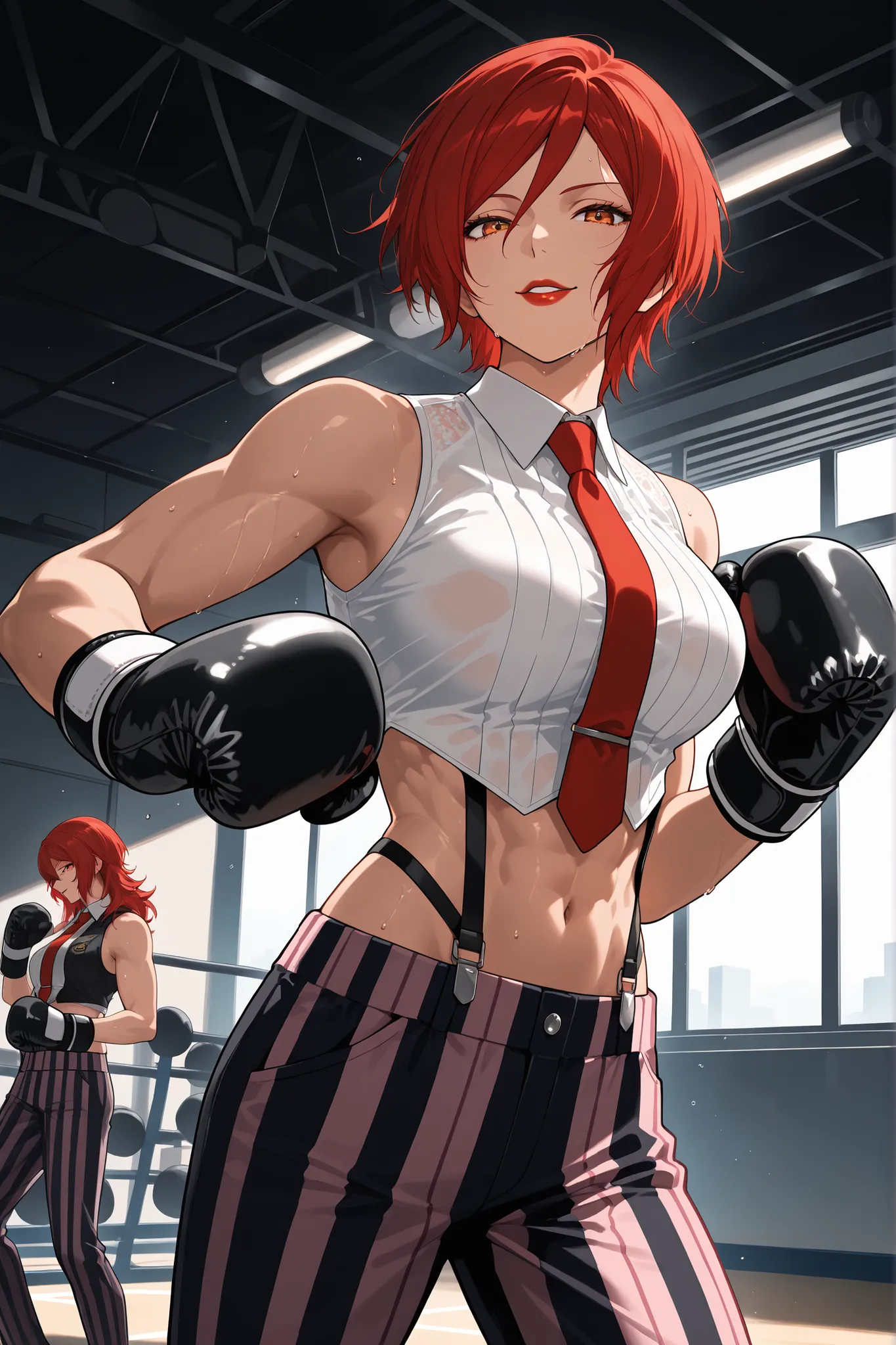 score_9, score_8_up, score_7_up, score_6_up, source_anime, BREAK masterpiece,   VanessaKOF, red hair, short hair,toned,sleeveless shirt, red necktie, black boxing gloves, striped pants, navel, suspenders, gym, flowing hair, seductive smile, parted lips, re...