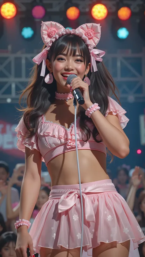 A cute Japanese female idol on stage, wearing a pastel pink frilly idol costume, smiling brightly, colorful spotlights, holding a microphone, cheering crowd in the background, photorealistic, cinematic lighting, soft skin texture, 4k ultra realistic