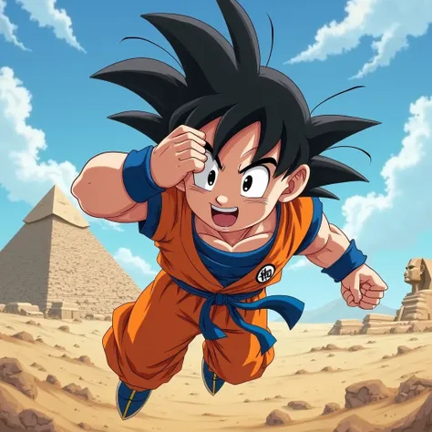  high resolution、Son Goku from Dragon Ball、is flying through the sky 、shows the whole body、looking into the distance with his right hand on his forehead、with a nyobo in his left hand、 3d animation、The background shows the blue sky and the desert with the Egyptian pyramids and the Sphinx、A depiction of Son Goku and an excellent, well-balanced composition with the majestic Egyptian pyramid and the Sphinx、 (portrait designed by Akira Toriyama, the creator of Dragon Ball)、