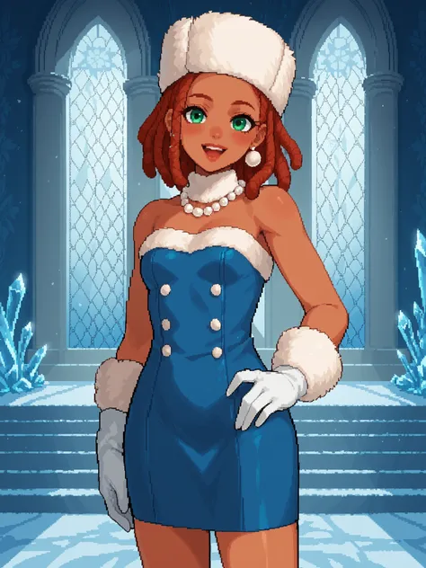 score_9, score_8_up, score_7_up, source_anime, 1girl, solo, pixel art, solo, redhead BREAK 

Red hair, small breasts, dreadlocks, tanned skin, green eyes  

edgwdc, winter clothes, gloves, hat, dress, bare shoulders, jewelry, earrings, white gloves, neckla...
