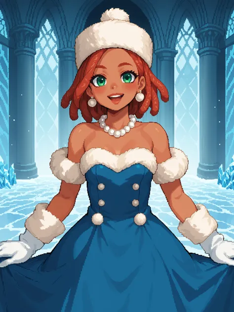 score_9, score_8_up, score_7_up, source_anime, 1girl, solo, pixel art, solo, redhead BREAK 

Red hair, small breasts, dreadlocks, tanned skin, green eyes  

edgwdc, winter clothes, gloves, hat, dress, bare shoulders, jewelry, earrings, white gloves, neckla...