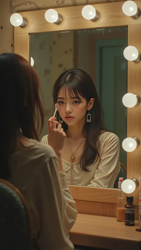 A Japanese female idol sitting in front of a dressing room mirror, removing makeup, emotionless expression, dim warm lights above the mirror, soft shadows, reflection visible, photorealistic, cinematic style, quiet unsettling mood