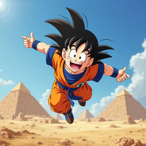 high resolution、(Son Goku from Dragon Ball)、(Flying in the sky with his arms and legs extended)、shows the whole body、(He opens his mouth very happily and smiles)、 3d animation、The background shows the blue sky and the desert with the Egyptian pyramids and the Sphinx、Excellent well-balanced composition with Son Goku and the majestic Egyptian pyramid and the Sphinx、(Speedy depiction of Son Goku flying through the sky)、 (portrait designed by Akira Toriyama, the creator of Dragon Ball)、