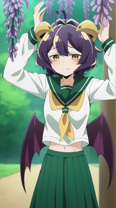 purple effect,effect,spectral paint,navel, wings, horns, fang, demon girl, demon horns, demon wings,,skirt, shirt, long sleeves, school uniform, white shirt, pleated skirt, serafuku, sailor collar, neckerchief, green skirt, green sailor collar,,utena hiiragi, short hair, yellow eyes, purple hair, ahoge, hair intakes,Wisteria Spirit, dreamlike wisteria monster woman with cascading purple blossoms for hair, long elegant limbs and graceful curvy body, soft glowing skin, hanging upside down from a tree branch, sleepy gentle gaze, moonlight filtering softly through the leaves, delicate petals swirling around her, magical forest atmosphere, high detail, anime style, 16:9 ratio