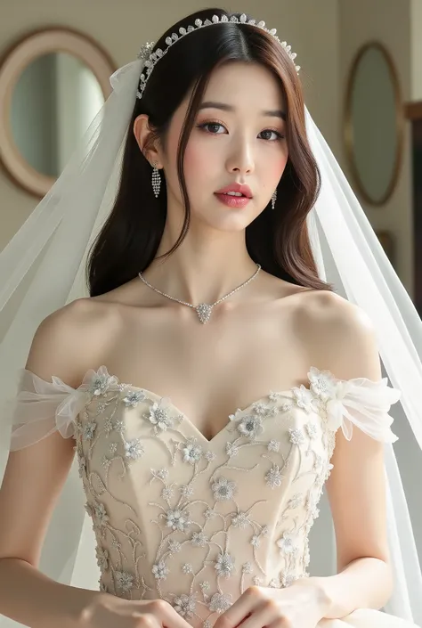 The image showcases a beautiful young korean woman dressed as a bride. She wears an elegant white wedding gown adorned with intricate floral embellishments and shimmering sequins. The dress features an off-the-shoulder design with bustier that accentuate h...
