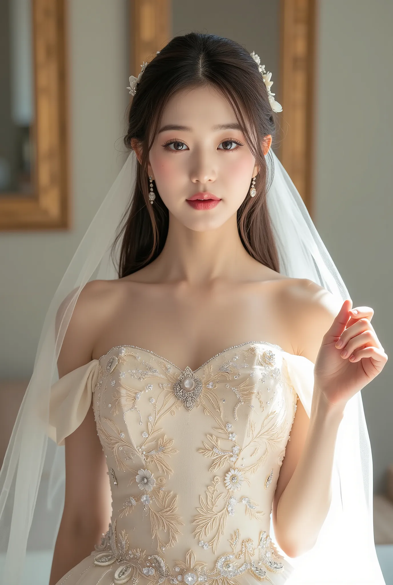 The image showcases a beautiful young korean woman dressed as a bride. She wears an elegant white wedding gown adorned with intricate floral embellishments and shimmering sequins. The dress features an off-the-shoulder design with bustier that accentuate h...