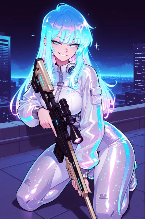 (masterpiece), best quality, 1girl, flirting smirk, kneeling on rooftop, holographic, holofoil glitter, faint, glowing, ethereal, neon hair, glowing hair, long hair, bob-like layers ,trigger discipline, sniper rifle, looking at the viewer