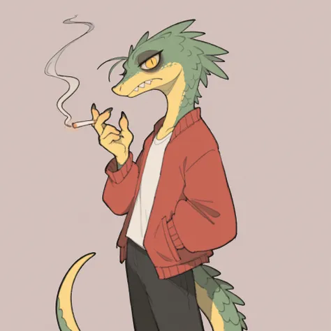 masterpiece, ultra-HD, impressionism, high detail, best quality, very aesthetic, 8k, best quality, beautiful, tmchng, 1man, solo, anthro furry, lizard, yellow skin, green scales, yellow eyes, round eyes, slit pupils, bags under eyes, black eyelids, elongat...