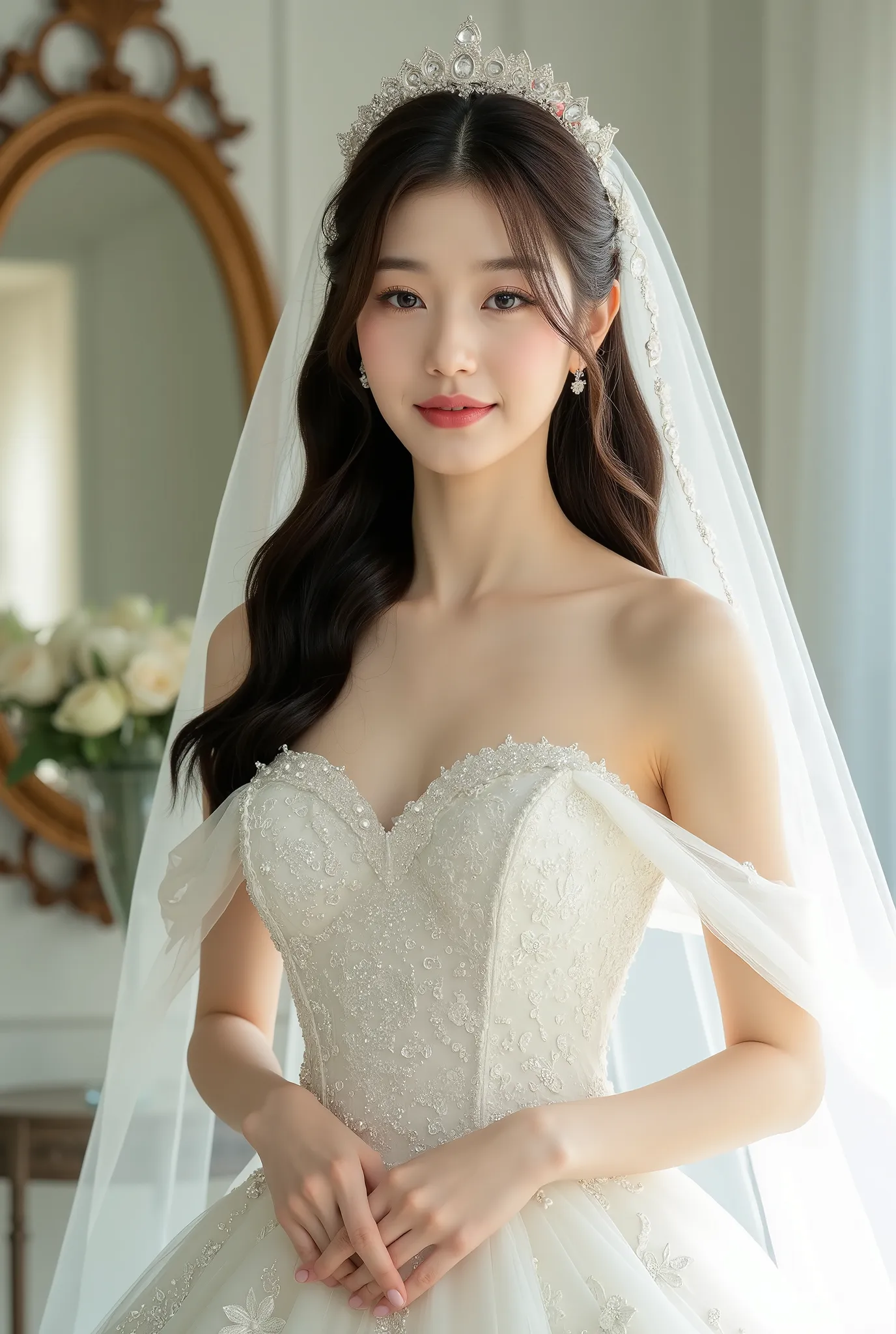 The image showcases a beautiful young korean woman dressed as a bride. She wears an elegant white wedding gown adorned with intricate floral embellishments and shimmering sequins. The dress features an off-the-shoulder design with bustier that accentuate h...